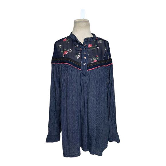 Free People Blue Hearts and Colors Long Sleeves Tunic Blouse size M - Picture 10 of 14